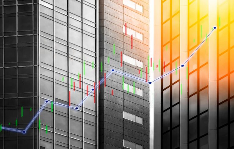 Gráfico de desempenho financeiro em alta sobre prédios corporativos, simbolizando valorização dos FIIS CTPS11 e VGIP11.