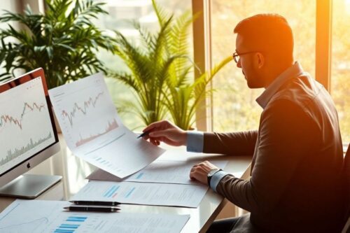 Executivo analisando graficos com o sol entrando pela janela 1200x800 px FIDCs 2025
