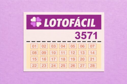 Cartela da Lotofácil com número do concurso 3571 e dezenas organizadas de 01 a 28 em fundo lilás.