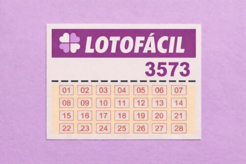 Cartela da Lotofácil concurso 3573 com números de 01 a 28 organizados em grade, sobre fundo lilás.