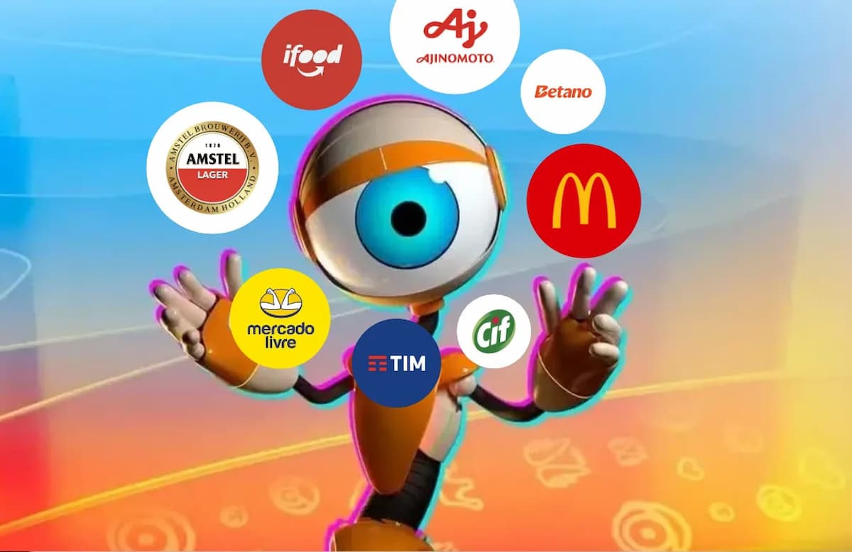 Mascote do BBB cercado por logotipos de marcas conhecidas, representando os patrocinadores do BBB 26.